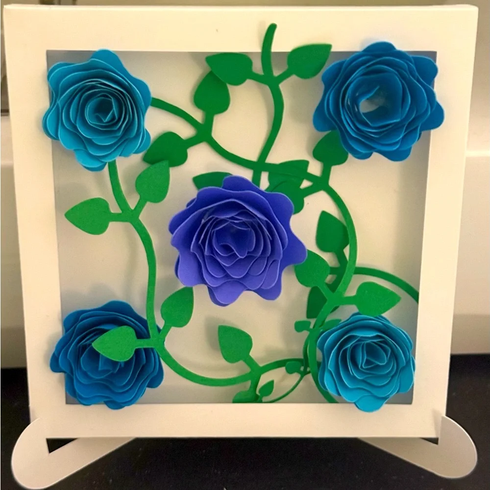 5x5” Floral Art 3D shadowbox art with Blue Rose flowers vines boho cute desk 🌹🌹